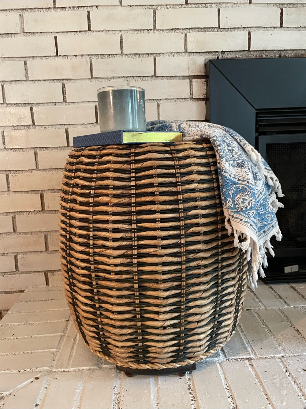 Pier 1 Natural and Black Woven Accent Basket with Blue Patterned Throw